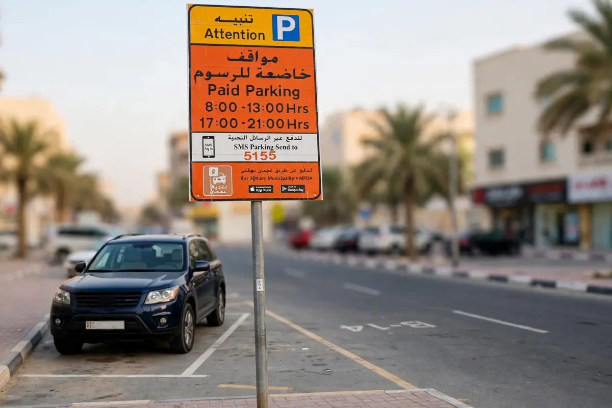 Ajman paid parking sign showing parking hours beside a street parking bay