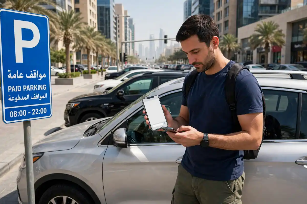 Man paying for Ajman parking by SMS on his phone beside a paid parking sign