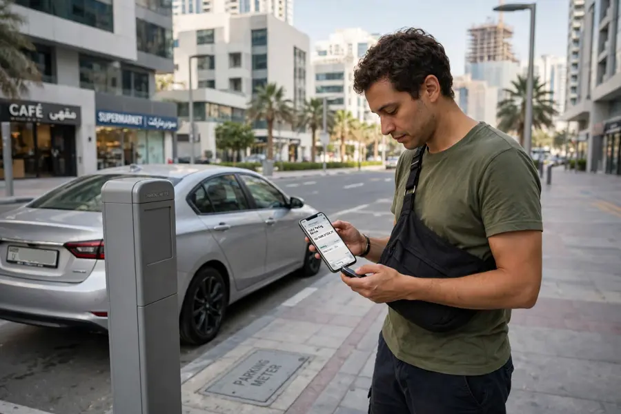 Person paying for Dubai parking by SMS on a phone beside a parked car and parking meter