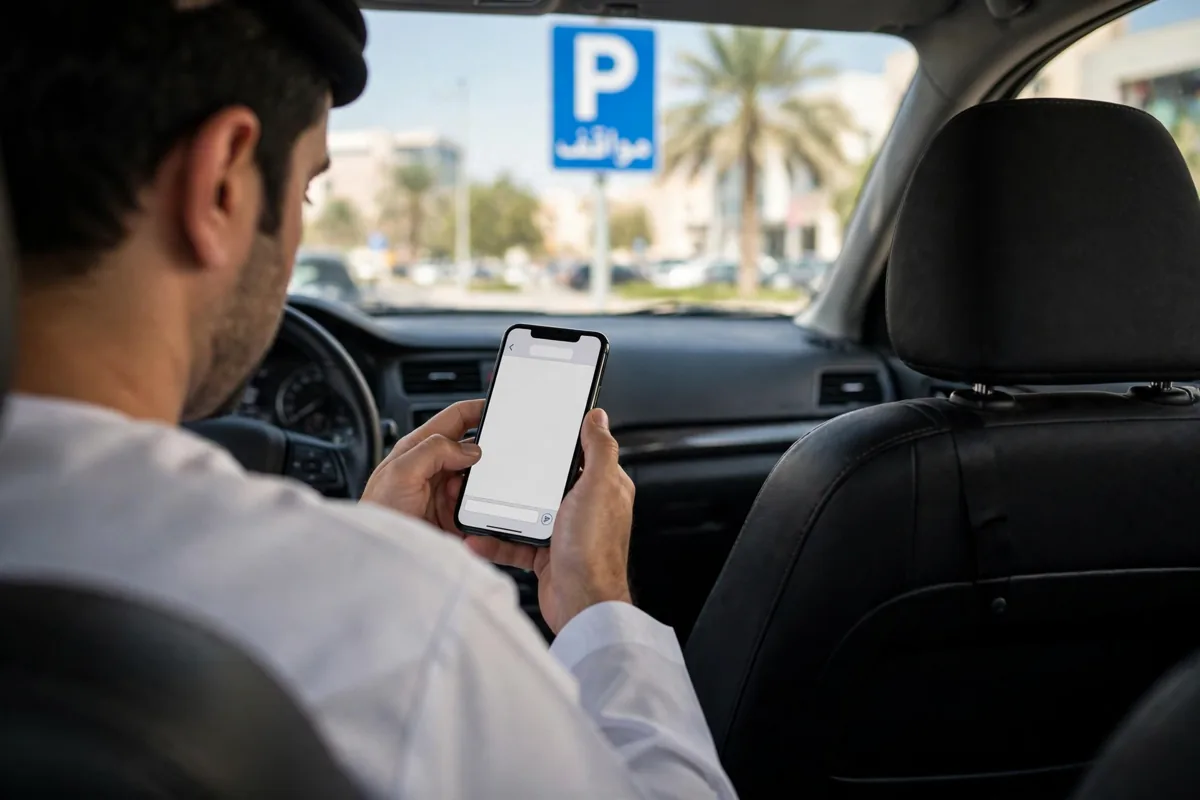 Driver paying for Sharjah parking by SMS on his phone inside a parked car