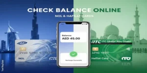 Step-by-step visual guide showing how to check Dubai Nol card and Abu Dhabi Hafilat card balance online using a smartphone in 2026.