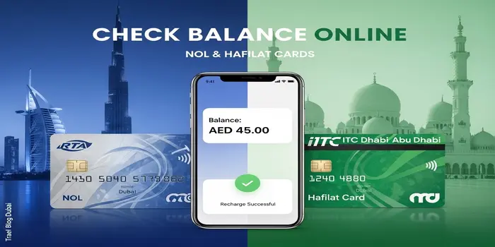 Step-by-step visual guide showing how to check Dubai Nol card and Abu Dhabi Hafilat card balance online using a smartphone in 2026.