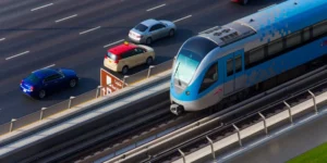 Dubai Metro Red Line train showing route and daily operating timings in Dubai