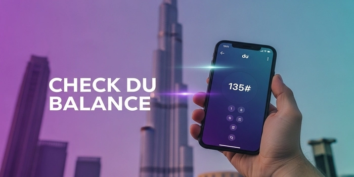 Man checking Du mobile data balance using USSD code on smartphone with Dubai skyline background
