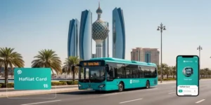 Modern Abu Dhabi public bus on the road with Etihad Towers in the background and Hafilat Card tracking app interface.