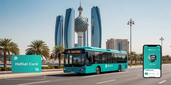Modern Abu Dhabi public bus on the road with Etihad Towers in the background and Hafilat Card tracking app interface.
