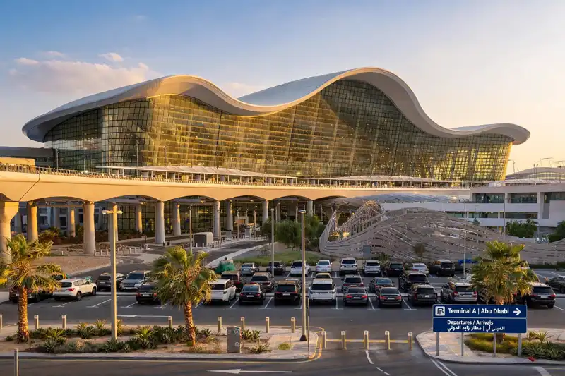 Zayed International Airport Terminal A with cars parked in front at sunset