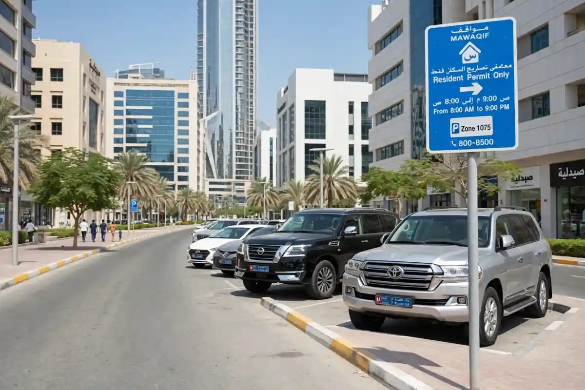 Abu Dhabi street with parked cars and a blue Mawaqif parking sign