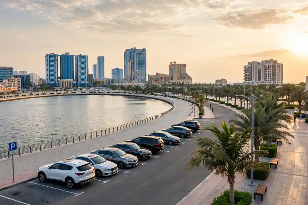 Paid parking bays along Ajman Corniche with a blue parking sign at sunset
