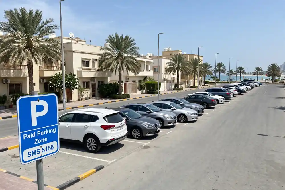 Cars parked in marked bays along an Ajman Corniche street beside a paid parking sign