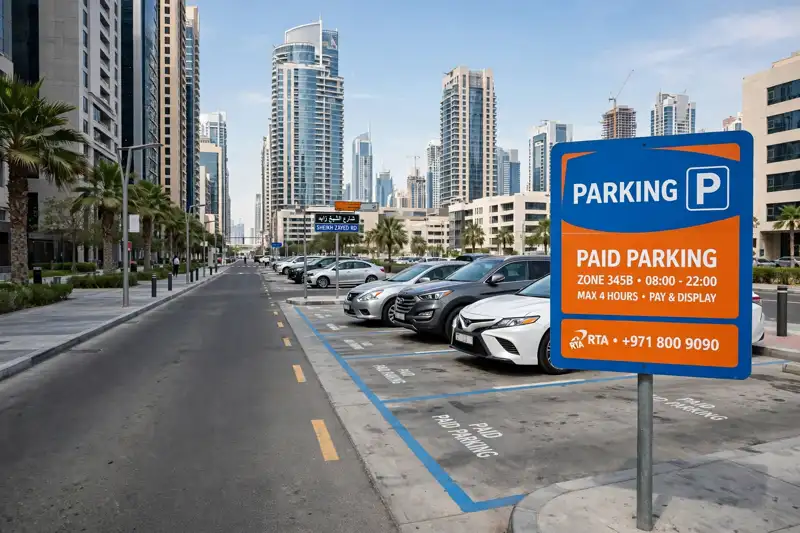 Dubai street with paid parking bays and a blue and orange parking sign