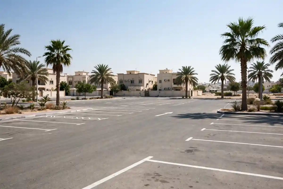 Empty free parking area in Dubai with marked bays and palm trees