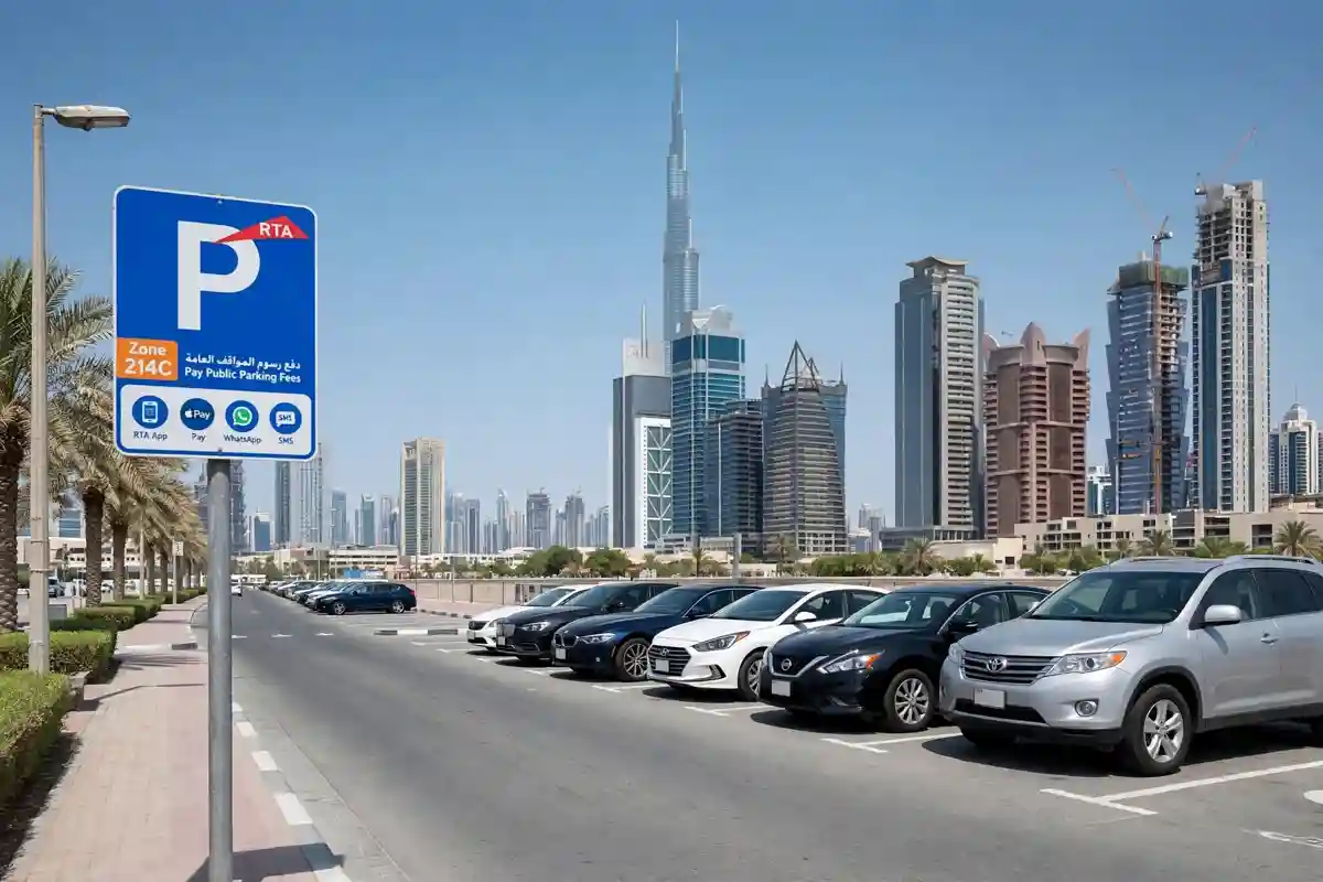 Dubai street parking with a blue RTA parking sign and the city skyline behind parked cars