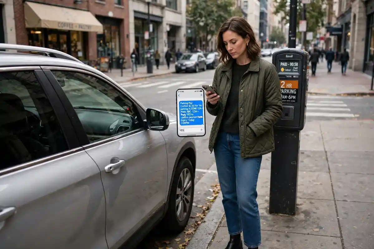 Person paying for Mawaqif parking by SMS on a phone beside a parked car and parking meter