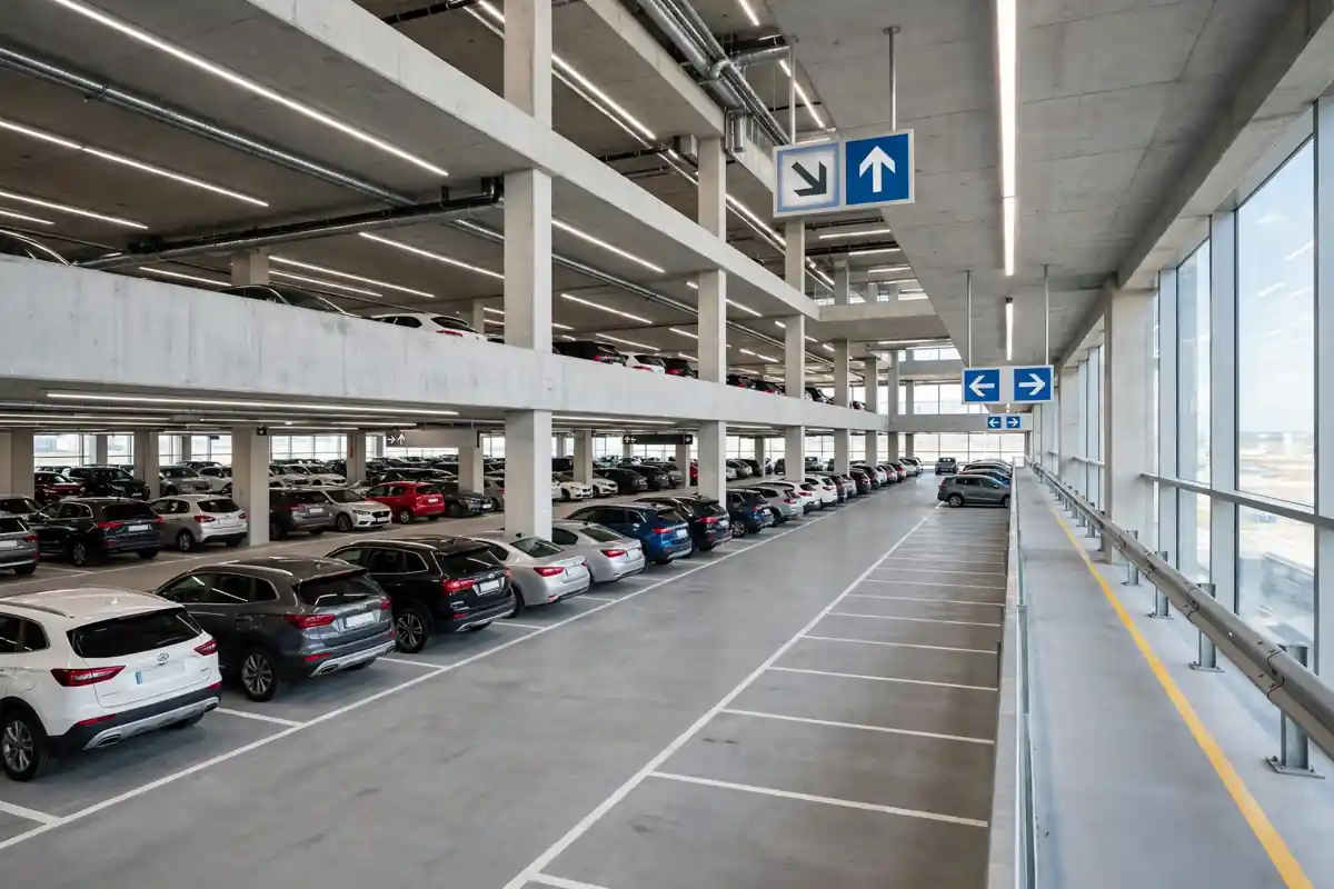 Cars parked on a level of a multi-level airport car park