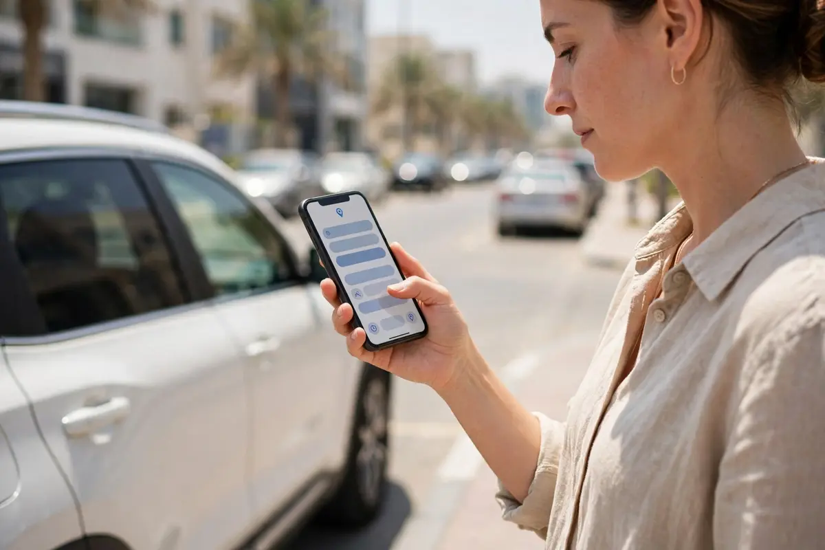 Person using a parking app on a smartphone beside a parked car in Sharjah