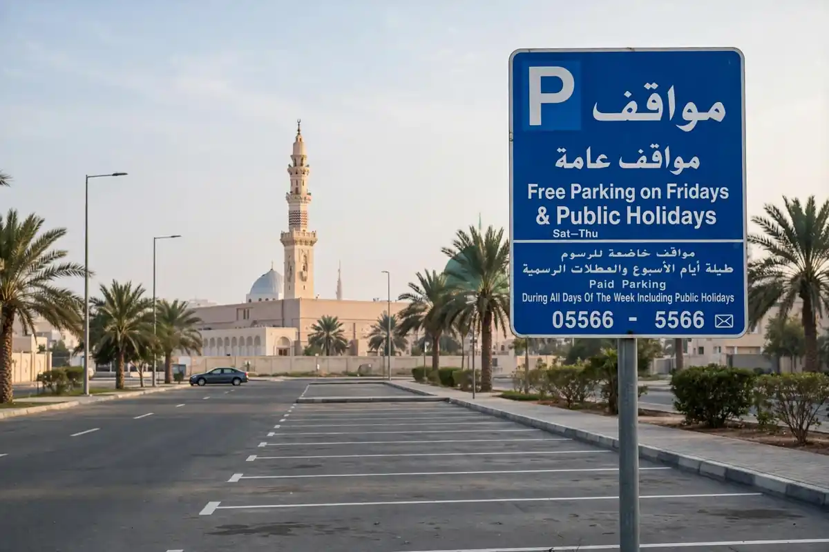 Blue Sharjah parking sign showing free parking on Fridays and public holidays near a mosque