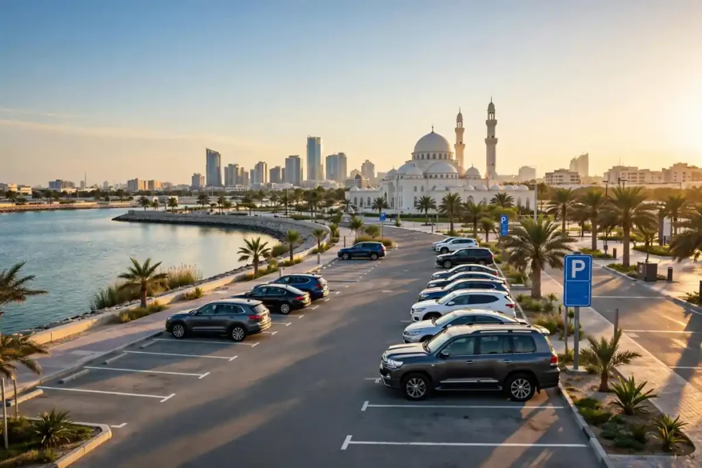Paid parking bays along Sharjah Corniche with blue parking signs near Al Noor Mosque, payable by Sharjah parking SMS