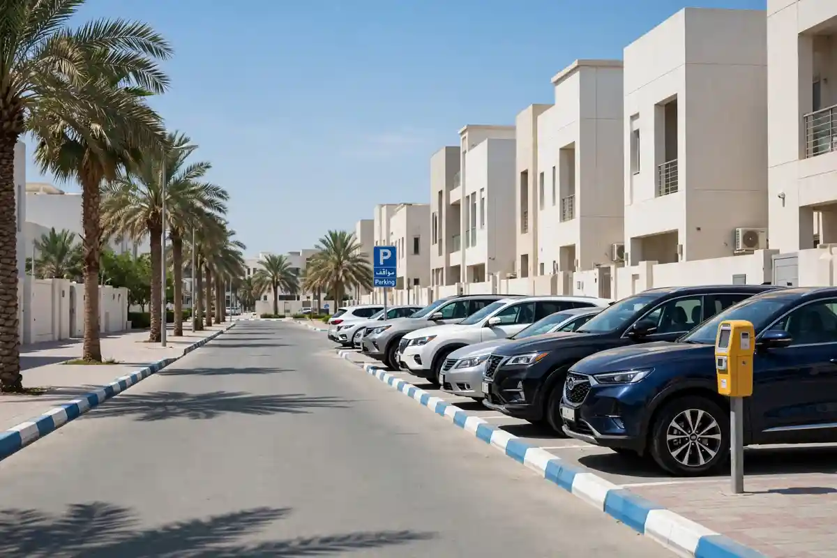 Parked cars along a Sharjah street with blue and white kerb markings and a parking sign