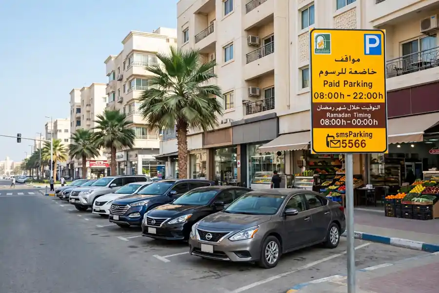 Yellow Sharjah paid parking sign showing smsParking 5566 beside parked cars on a Sharjah street