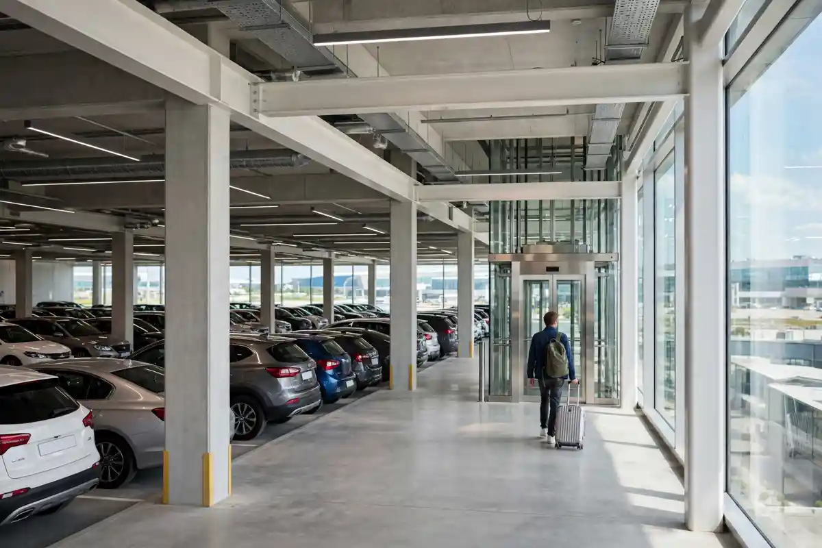 Traveller with a suitcase walking through a bright airport multi-storey car park towards the lifts